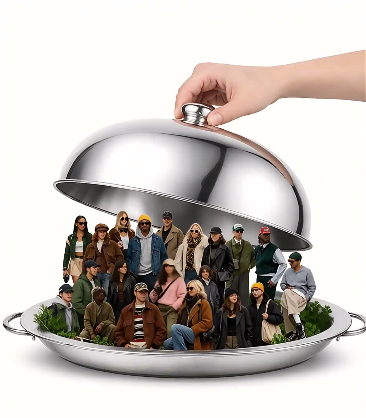 A silver cloche revealing a group of people